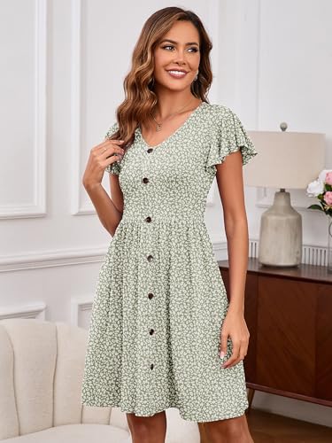 Image of Heymoments Women's Ruffle Sleeve V Neck Swing Sundress Summer Casual A-Line Midi Dress with Pockets S-2XL