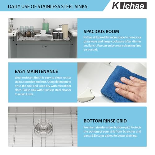 Image of Kichae 33 ADA Drop In Kitchen Sink - 33x22x5 Kitchen Sink Drop in Topmount Single Bowl 16-Gauge Stainless Steel Drop Sinks Round Corner Basin With Rack & Stainless Steel Sink Grid