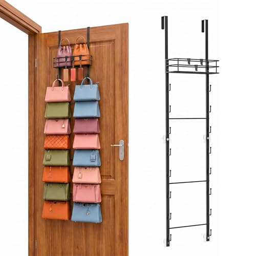 TrendyBin Over the Door Purse Organizer for Closet Wall Mounted Handbag Organizer with 16 Hooks Metal Basket 3 Extra Hooks Purse Storage Rack Holds Up to 16 Bags Black