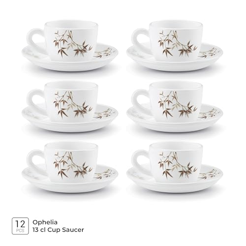 Image of Treo By Milton Opalware Ophelia 13 Arashi Cup & Saucer Set | Microwave & Dishwasher Safe | Bone-Ash Free | Tempered Toughness | Set of 12 | White | Crockery Set for Daily Use & Gifting