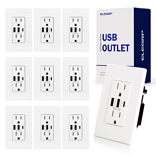 Elegrp 30W 6.0 Amp 3-Port Usb Wall Outlet, 15 Amp Receptacle With Usb Type C & Type A Ports, Usb Charger For Iphone/Ipad/Samsung/Lg/Htc/Android Devices, Ul Listed, W/Wall Plate, 10 Pack, Matte White #TOP29