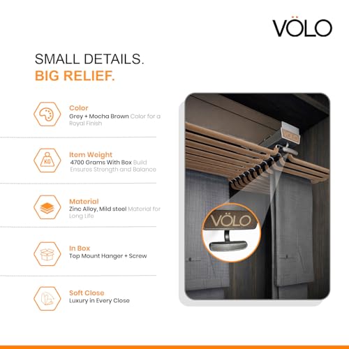 Image of VOLO 20 Arm Top Mounted Pull Out Trouser Rack - Steel Pants Hanger in Mocha Brown, Smooth Slide Out Wardrobe Organizer, Space Saving Cloths Storage Bar for Bedroom Wardrobe, 25kg Load Capacity