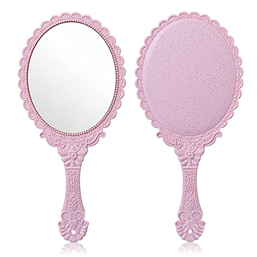 2Pcs Vintage Handheld Mirror,Decorative Mirrors for Face Makeup Cosmetic Mirror Hand Held Travel Mirrors Personal Cosmetic Mirror with Powder Puff(Pink)