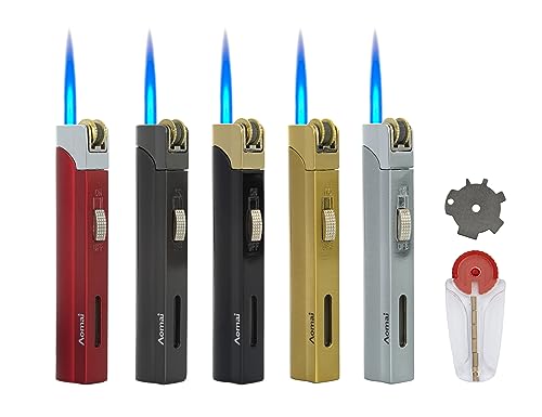 5 Pack Butane Torch Lighter,5 Color Portable Lighters,Single Jet Flame Lockable Adjustable,Fuel Tank Visible,with Extra Tools(No Gas)