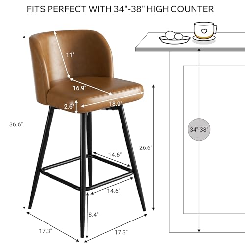 Image of Swivel Bar Stools Set of 6, 26 inch Counter Height Bar Stools with High Back and Metal Legs, Faux Leather Bar Chairs, Modern Barstools for Kitchen Island, Caramel