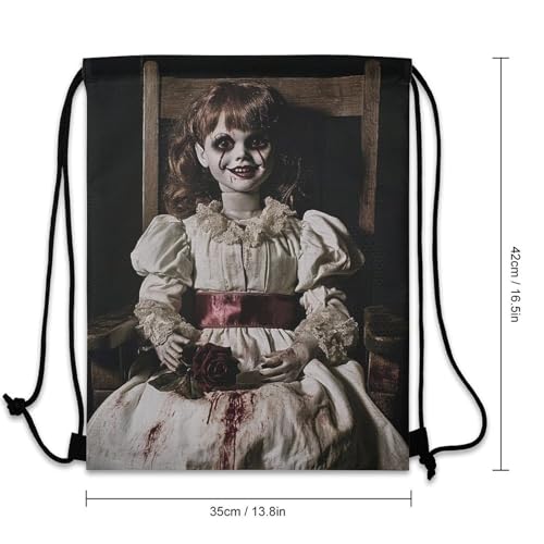 Reusable Scary Horror Doll Black Drawstring Bag, Women and Men Waterproof Casual Draw String Back Bag for Picinc, Hiking, 13.8x16.5 Inch Sturdy Drawstring Backpack3