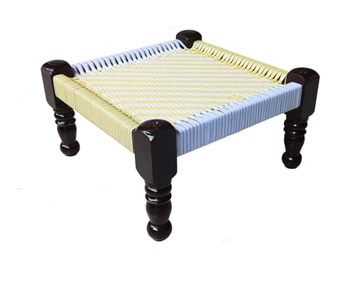 Image of Traditionnal Wooden Rope Pidda Khatli Peedi Mudda Chowki Stool for Sitting,Puja,Home and Outdoor 15x15x8.