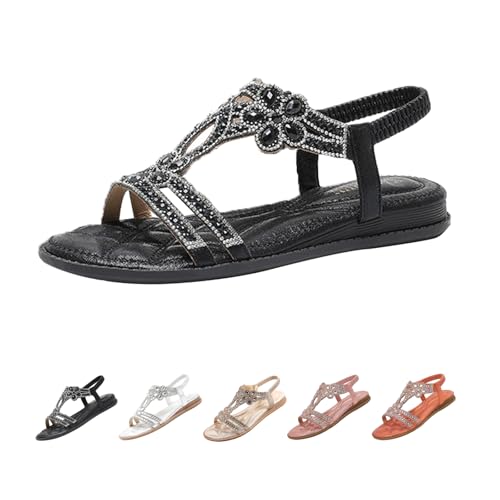 Women's Open Toe Rhinestones Flat Sandals,Sexy Summer Boho Elastic Slingback Ankle Strap Casual Dressy Beach Shoes