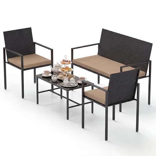 SOARS Set Salotto da Giardino in Rattan 4 Pezzi, Set Mobili da Eterno con 2 Poltrone, Divano a 2 Posti, Tavolino con Piano in Vetro Temperato e Comodi Cuscini per Cortile, Bordo Piscina (Marrone)