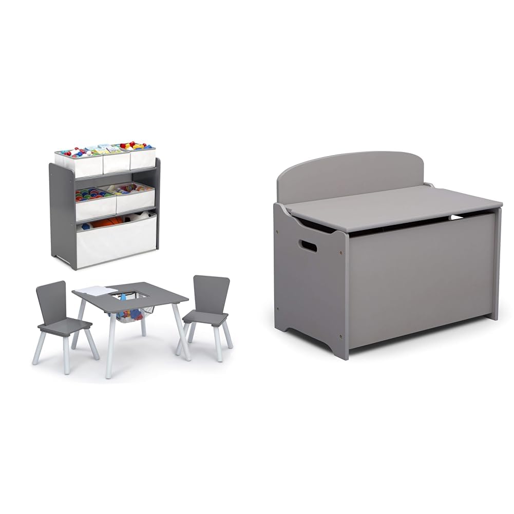 Delta Children 4-Piece Toddler Playroom Set, Grey/White & MySize Deluxe Toy Box - Greenguard Gold Certified, Grey