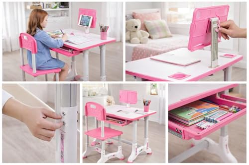 Image of Toby Adjustable Kids Study Table & Chair Set with Book Holder, Wide Desktop & Storage Drawer | Height Adjustable Children Study Desk for Home & School (Pink)