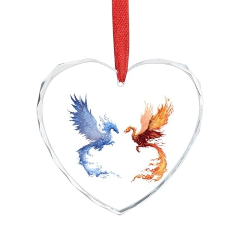 Image of Dragon Phoenixes Christmas Ornament Crystal Glass Heart Pendants for Christmas Tree Party