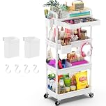 Yeabett 4 Tier Storage Trolley with Drawer, Utility Cart with Plastic Shelf & Lockable Wheels Multifunctional Storage Cart for Kitchen, Bathroom, Office, Living Room, White