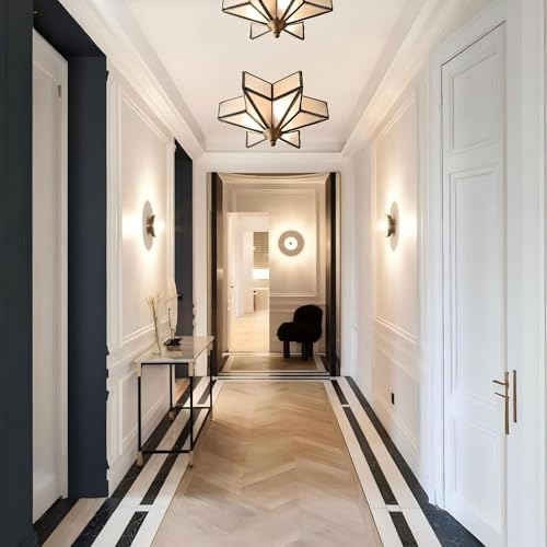 Image of LIGHTLAND 11.8 Inch Flush Mount Star Ceiling Light, 3 Lights Brass Ceiling Lamp with Glass Lampshade, Art Deco Close to Ceiling Light Fixtures for Entryway Hallway Porch, Bronze Color