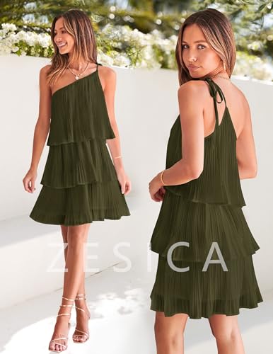 Image of ZESICA Women's Boho Summer One Shoulder Sleeveless Ruffle Tiered Layered Chiffon Pleated A Line Flowy Mini Dress