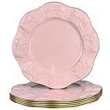 UOEKCS Round Pink Charger Plates, Set of 6, 13inch Plastic Bow Embossed, bulk Wedding, Party, Holiday Table Setting.