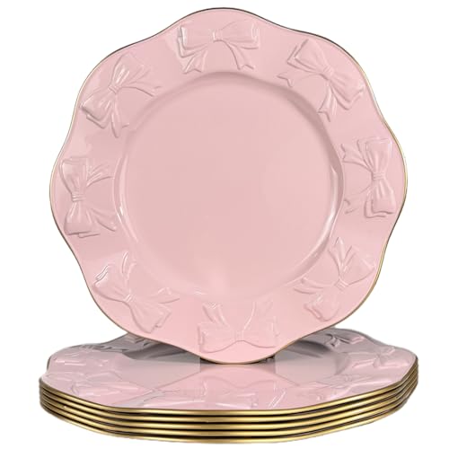 UOEKCS Round Pink Charger Plates, Set of 6, 13inch Plastic Bow Embossed, bulk Wedding, Party, Holiday Table Setting.
