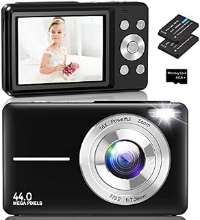Digital Camera Autofocus,Amdeurdi Vlogging Camera Rechargeable Digital Cameras with 16X Zoom Compact Camera FHD 1080P 44MP for Beginner Photography with 2 Battery,32G Memory Card - Black