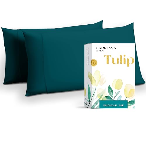 Carressa Linen Egyptian Cotton Pillow Cases Queen Size Set of 2 - Luxury 800 Series High Thread Count Standard Cotton Pillow Cases (Crisp Teal), Soft, Cooling, Sateen Weave Hotel Pillowcover