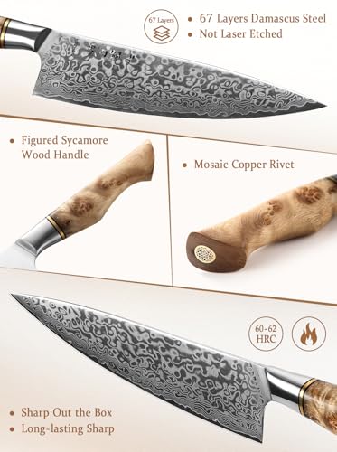 HEZHEN-8.3” Chef's Knife Professional Kitchen Knife, 67 Layers Damascus Steel Chef Knife, Japanese Style Stainless Steel Gyuto Knife,Figured Sycamore Wood Handle Cooking Tool - Image 2