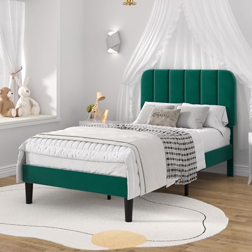 Image of VECELO Twin Size Bed Frame with Upholstered Headboard, Velvet Platform Bedframe Mattress Foundation, Strong Wood Slat Support, No Box Spring Needed,Green
