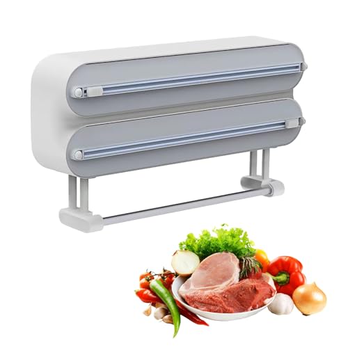 3in1 Wrap Organizer with Cutter - Includes 2 Rolls of Plastic Wrap & Aluminum Foil Dispenser, Magnetic Paper Towel Holder for Fridge - Foil & Plastic Wrap Storage Solution