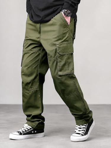 Image of Men's Cotton Cargo Pants for Men | Relaxed Loose Fit Drawstring Waist Cargo Trousers | Multi Pocket Casual Utility Pants for Outdoor, Travel