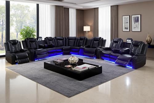 Image of Living Room Furniture Set, Power Sectional Recliner Sofa and Chair Set with LED Light, Air Leather Electric Reclining Sofa with 5 Recliner Seats /Cup Holders /USB Port /Storage Console for Living Room