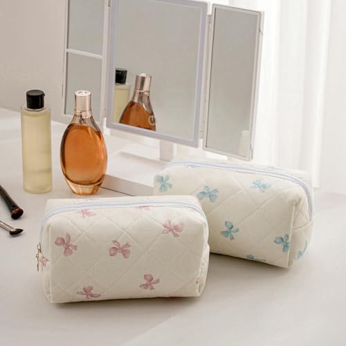 Gleyemor Small Quilted Makeup Bag for Women, Cute Floral Bow Cosmetic Bag, Emergency Bag Travel Toiletry Cotton Pouch Gifts for Girls Her Mom Friend Sister Bridesmaid (Small Pink Bowknot)3