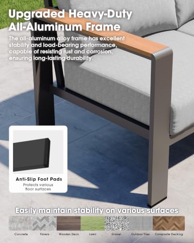 Image of Aluminum Patio Furniture 3 Seats, All-Weather Outdoor Sofa | Washable Thick Cushion, Morden Patio Couch for Porch, Balcony, Deck, Yard, Gray