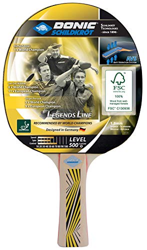 Donic-Schildkröt Legends 500 Tafeltennisvleermuis, AVS-handgreep demping, 1,8 mm spons, FSC hout, Elite-ITTF Rubber, 714407