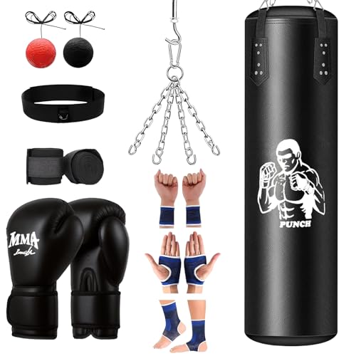 Turmegtt Boxsack, 120cm/4ft Oxford Boxsack Set, Schwerer Sandsack Boxen Hängend mit Boxhandschuhen, Wraps, Kette, Deckenhaken, Boxreflexbälle, Box Sack Set für Kickboxen, Muay Thai, Karate, Taekwondo
