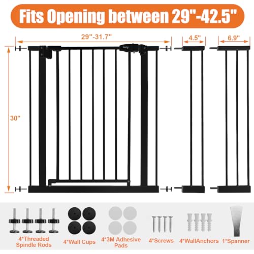 Image of keny 29 inch-42.5 inch Baby Gate for Stairs, Auto Close Safety Dog Gate | Pressure Mounted Easy Walk Through Pet Gate for Doorways, Durable Stair Gate, 30 inch Tall, Black