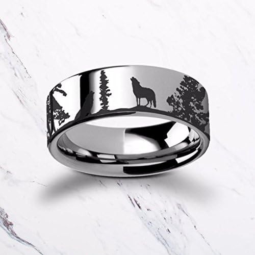 Engraved Howling Wolf Wolves Landscape Scene Tungsten Ring Flat Polished Finish - 4mm to 12mm Available - Lifetime Size Exchanges