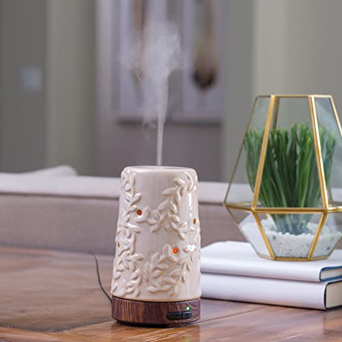 Airome Flourish Medium Ceramic Essential Oil Diffuser|100 Ml Humidifying Ultrasonic Aromatherapy Diffuser 8 Colorful Led Lights, Intermittent & Continual Mist, Auto Shut-Off, Cream #TOP2