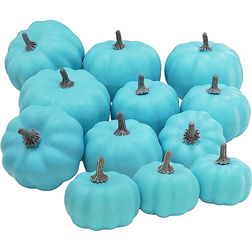 12 Pcs Assorted Small Artificial Teal Pumpkins Decorative Halloween Pumpkins Foam Pumpkins for Halloween Teal Pumpkin Project Thanksgiving Coastal Fall Wedding Table Centerpiece Mantel DÃ©cor