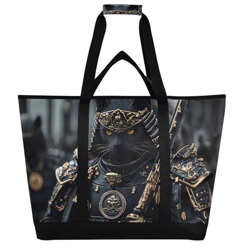 Bear Samurai Black Large Insulated Tote Bag for Grocery Shopping Reusable Tote Bags for Women Men, Cooler Bag with Zippered Top & Handles for Beach Picnic Travel