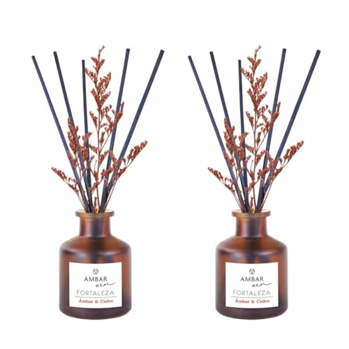 TIENDIFY - Ambientador mikado decorativo Ambar | 40 ml con flor ornamental | Difusor de varillas para hogar oficina y salón ideal para espacios interiores (2 Unidades, Ambar Cedro)