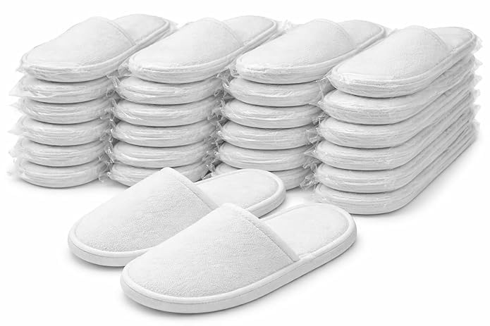 25 Pairs Hotel Guest Room Slippers - Terry Towel Close-Toe, 5MM Sole, Free Size (Unisex, White) | Disposable Hotel Accessories & Travel Kit Essentials-image-2