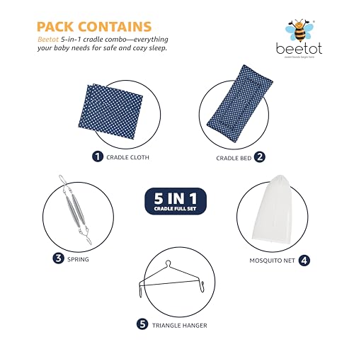 Image of Baby Swing Cradle (Jhula) for Newborns - Cloth Cradle with Removable Mattress, Mosquito Net, Spring & Triangle Hanger | Up to 15 kg | (Navy Dot)