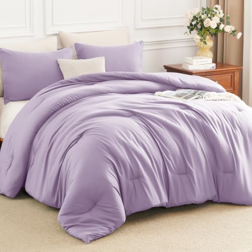 Image of HIMEET King Size Comforter Set, 3 Pieces with 2 Pillowcases, Lavender | 270GSM Down Alternative Fill, Oeko-TEX Certified, 8 Corner Ties Quilted, All Season, Fluffy Bed Set, Bedroom Decor Bedding