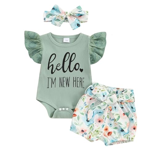 Baby Girl Summer Clothes Newborn Outfit Ribbed Onesie Romper Floral Bloomer Shorts Headband Newborn Girl Clothes (Hello I'm New Here Frill Green, Newborn)