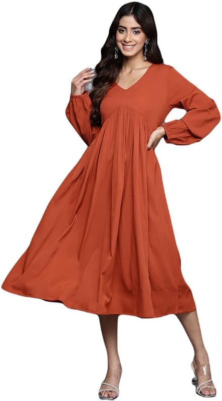 VarangaWomen Rust V-Neck A-Line Dress with Bishop Sleeves, Gathered Details, Flared Hem - Casual Dress for Women, Calf Length - Stylish Dress - Comfortable Fashion