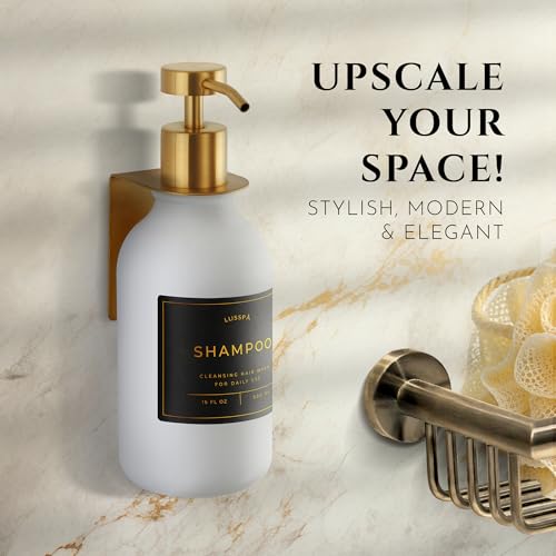 Shower Shampoo Dispenser Wall Mounted – Refillable 16.9 oz White Bottle with Stainless Steel Pump & No-Drill Adhesive Holder – Soap Dispenser for Bathroom (1 X White/Gold) - image 2