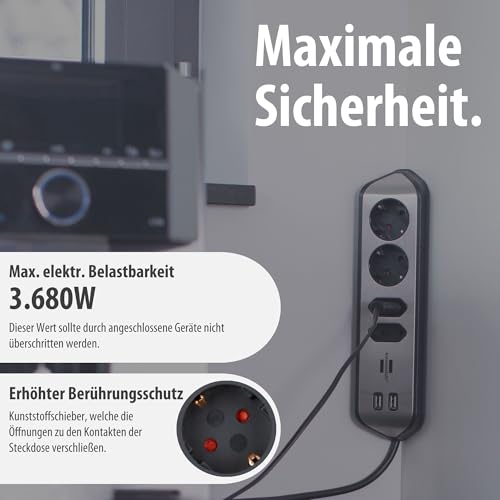 Brennenstuhl Estilo Ecksteckdosenleiste 4-Fach (Tischsteckdose mit Edelstahloberfl&auml;che f&uuml;r K&uuml;che und B&uuml;ro, mit 2X Schutzkontakt-Steckdosen, 2X Euro-Steckdosen, inkl. USB-Ladefunktion) Silber/schwarz