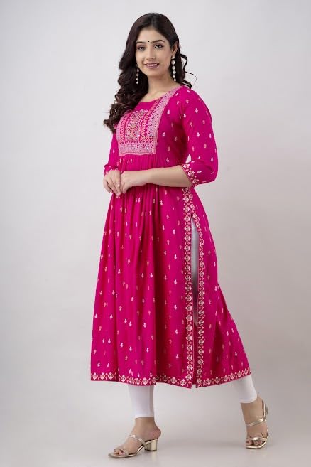 Image of Jai Shree Fab Women's Rayon Round Neck 3 /4 Sleeve Printed Kurti with Side Slit Pattern