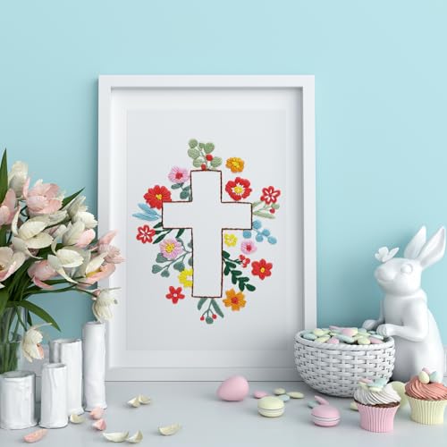 Image of Louise Maelys Cross Embroidery Kit for Beginner(Easter Jesus) | Cross Embroidery Starter Kit With Stamped Fabric, Hoop, Threads, Needles And Instructions For Adults,Easy Needlepoint,Gifts