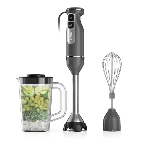 Ninja Immersion Blender and Whisk, Hand Stick Blender, 4 speeds, with SplatterShield and PanProtect, 4-Cup Blending Vessel, Dishwasher Safe, 5-ft Cord, Ergonomic, Dark Gray, CI201GY