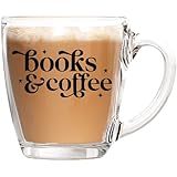Books and Coffee Glass - Book Lovers Gifts - Ideal Bookish Gift for Readers, Writers, Book Club Accessories - Perfect Clear Coffee Mug for Hot or Cold Brews - Printed in the USA (Glass Coffee Mug)