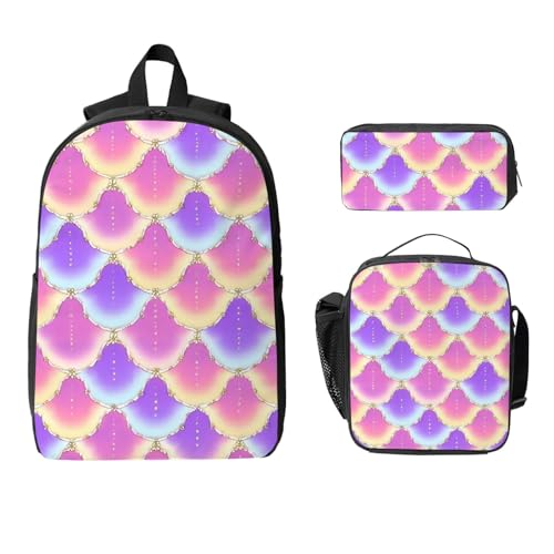 Backpack Set - With Lunch Bag & Pencil Case Supplies For Men Women (for Colorful Purple Pink Mermaid Scale)2